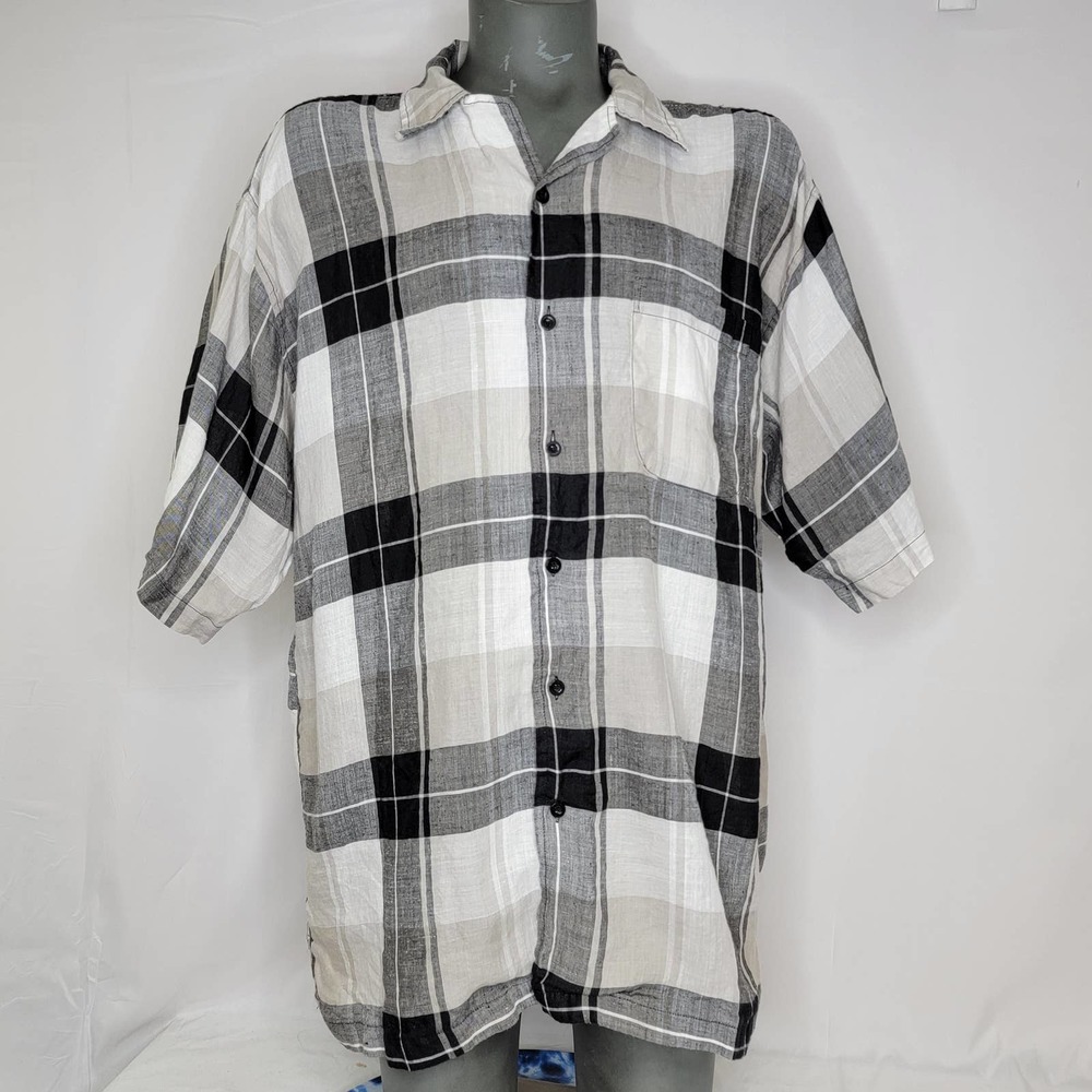 GodBody Collection Men's 100% Linen Short Sleeve Button Up Gray Plaid Shirt XL